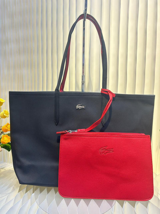 LACOSTE Anna Reversible Tote With Pouch Blue Red 46 cm حقيبة لاكوست آنا القابلة للعكس مع حقيبة صغيرة قابلة للفصل ازرق احمر