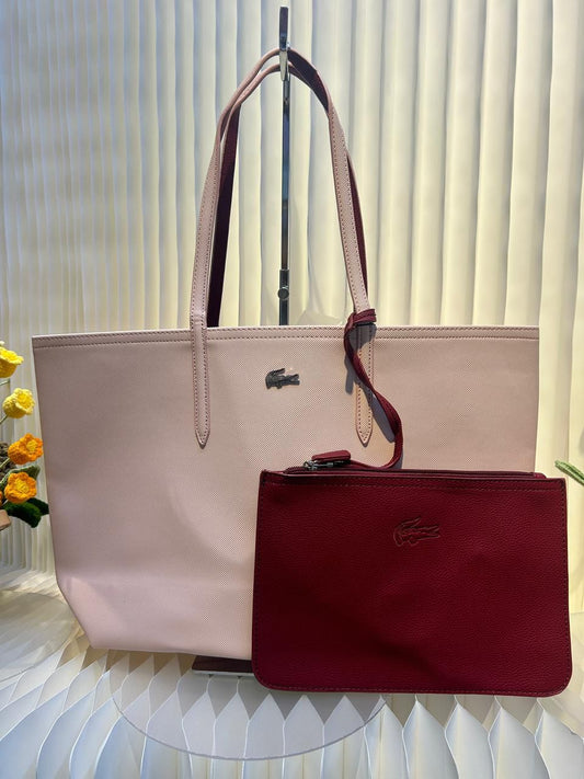 LACOSTE Anna Reversible Tote With Pouch Pink Maroon 46 cm حقيبة لاكوست آنا القابلة للعكس مع حقيبة صغيرة قابلة للفصل وردي كستنائي