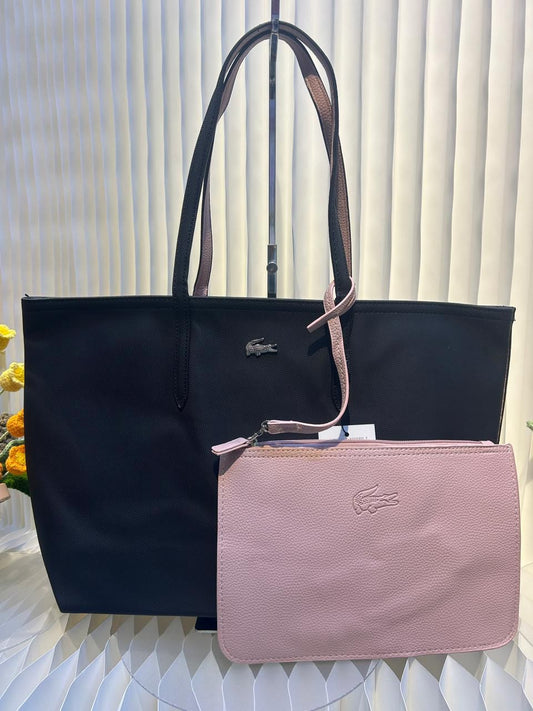 LACOSTE Anna Reversible Tote With Pouch BLue Rose 46 cm حقيبة لاكوست آنا القابلة للعكس مع حقيبة صغيرة قابلة للفصل أزرق وردي