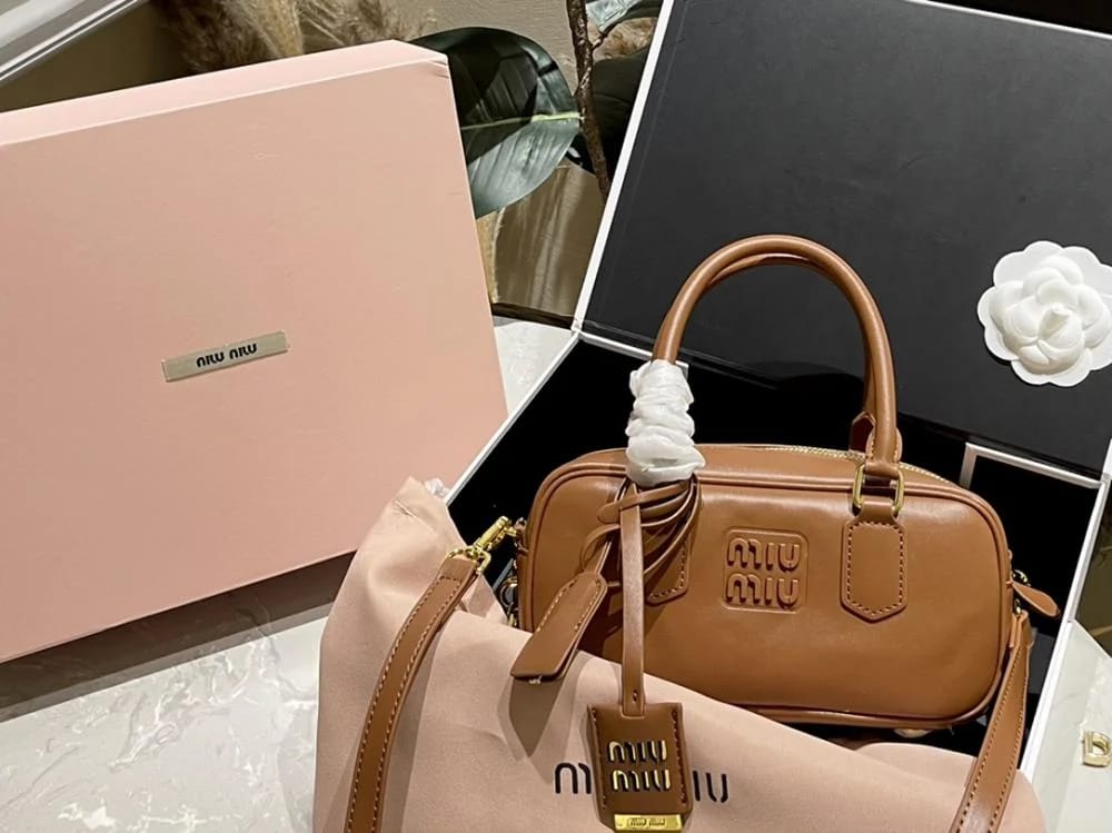 Miu Miu Arcadie leather hand bag Brown 22 cm ميو ميو حقيبة جلد اركايدي بني