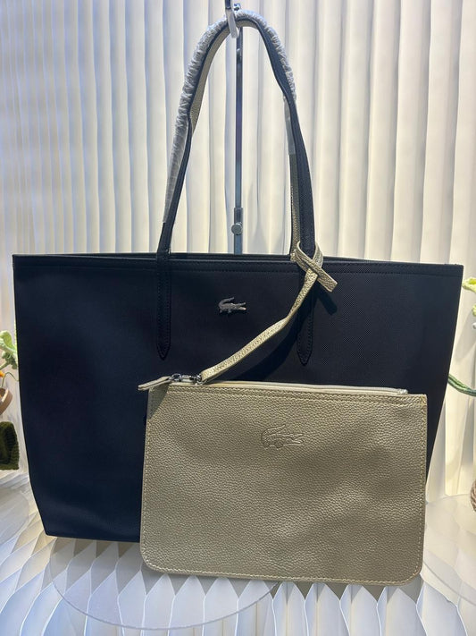 LACOSTE Anna Reversible Tote With Pouch BLue GolenBeige 46 cm حقيبة لاكوست آنا القابلة للعكس مع حقيبة صغيرة قابلة للفصل أزرق بيج ذهبي